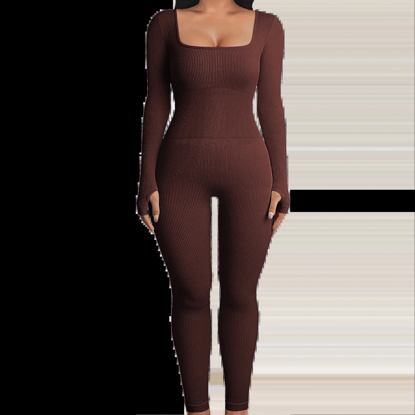 Solid Color Ribbed Yoga Jumpsuit, Seamless Slim Fit Long Sleeve Sports Bodysuit, Women'S Activewear