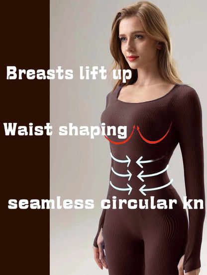 Solid Color Ribbed Yoga Jumpsuit, Seamless Slim Fit Long Sleeve Sports Bodysuit, Women'S Activewear
