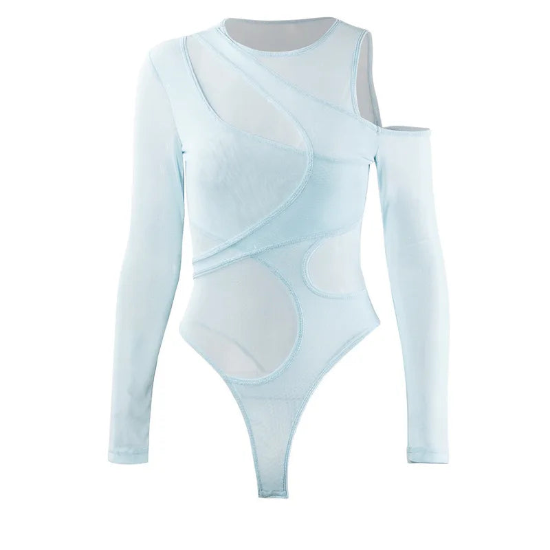 New in 2025 Women Spring Summer Long Sleeve Mesh See through Sexy Bodysuit Ladies Club Black One Pieces Top Body Suits