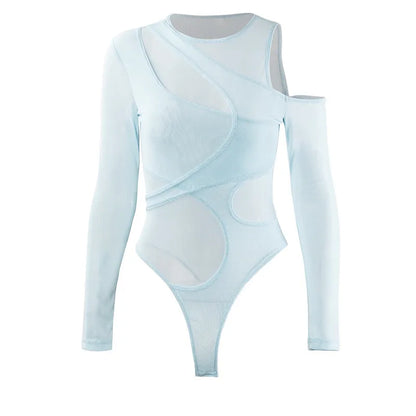 New in 2025 Women Spring Summer Long Sleeve Mesh See through Sexy Bodysuit Ladies Club Black One Pieces Top Body Suits