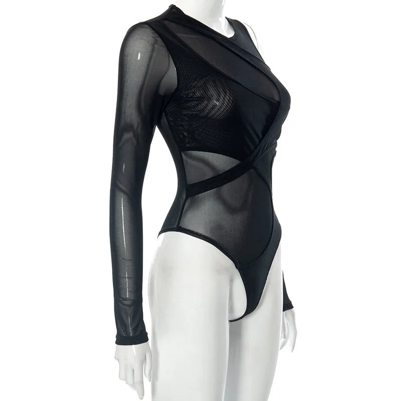 New in 2025 Women Spring Summer Long Sleeve Mesh See through Sexy Bodysuit Ladies Club Black One Pieces Top Body Suits