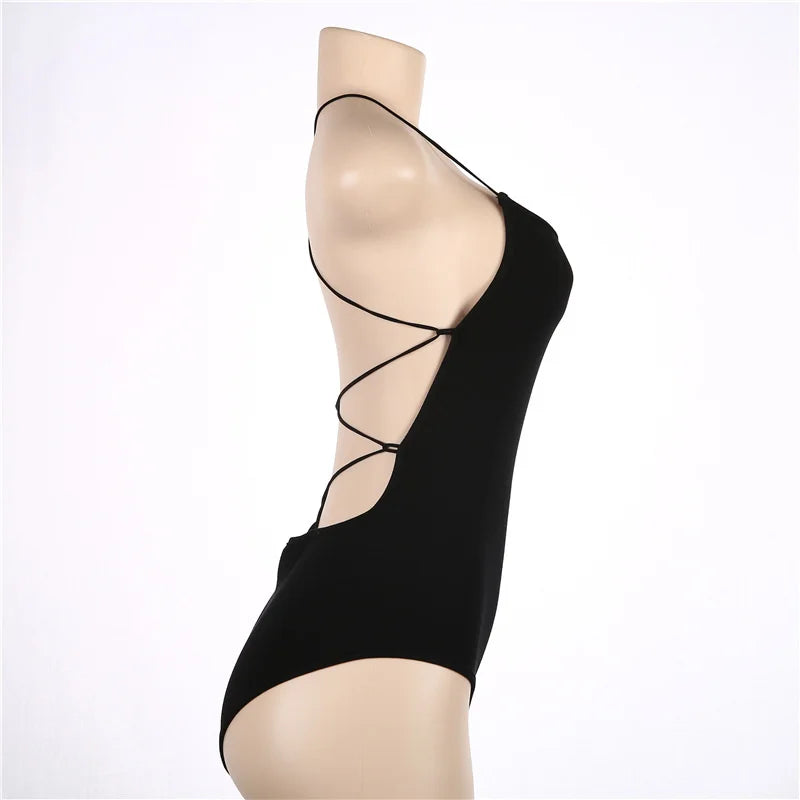 New in 2024 Summer Sexy Bandage Bodysuit Women Hollow Out Backless Black Body Top Female Cotton One Pieces Night Club Outfit
