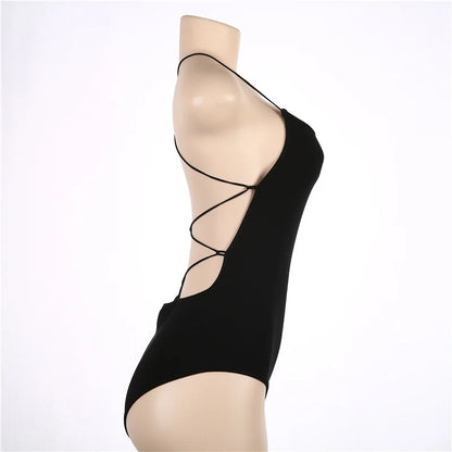 New in 2024 Summer Sexy Bandage Bodysuit Women Hollow Out Backless Black Body Top Female Cotton One Pieces Night Club Outfit