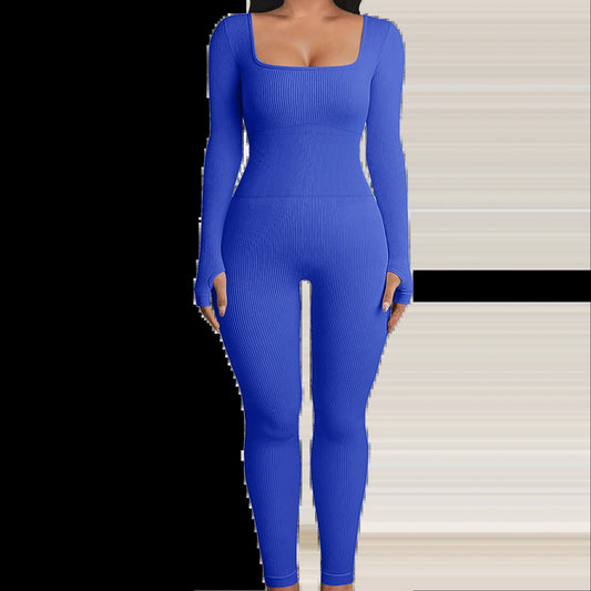 Solid Color Ribbed Yoga Jumpsuit, Seamless Slim Fit Long Sleeve Sports Bodysuit, Women'S Activewear