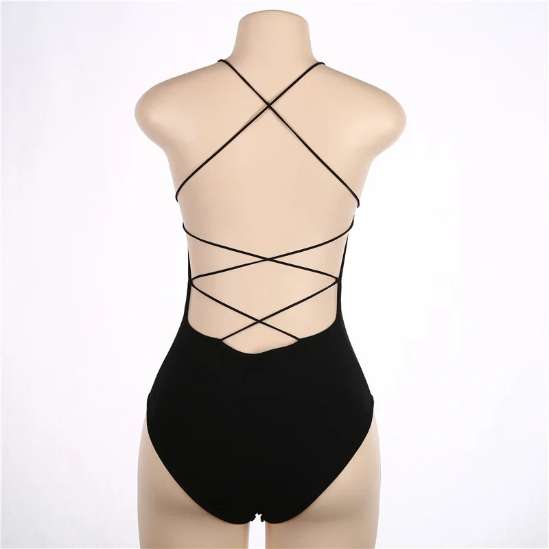 New in 2024 Summer Sexy Bandage Bodysuit Women Hollow Out Backless Black Body Top Female Cotton One Pieces Night Club Outfit