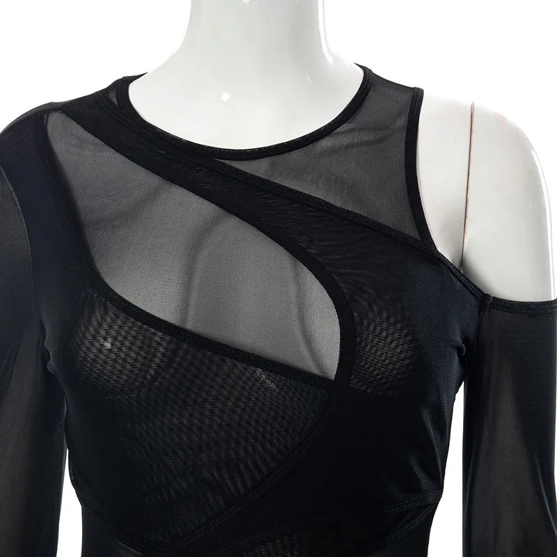 New in 2025 Women Spring Summer Long Sleeve Mesh See through Sexy Bodysuit Ladies Club Black One Pieces Top Body Suits