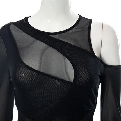 New in 2025 Women Spring Summer Long Sleeve Mesh See through Sexy Bodysuit Ladies Club Black One Pieces Top Body Suits