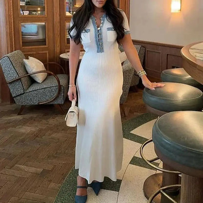 Elegant French Knit Dress Women 2025 Summer Chic Patchwork Dresse Buttons Short Sleeve Vestidos Lady Casual Party Evening Robes