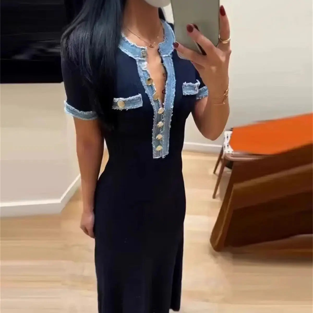 Elegant French Knit Dress Women 2025 Summer Chic Patchwork Dresse Buttons Short Sleeve Vestidos Lady Casual Party Evening Robes