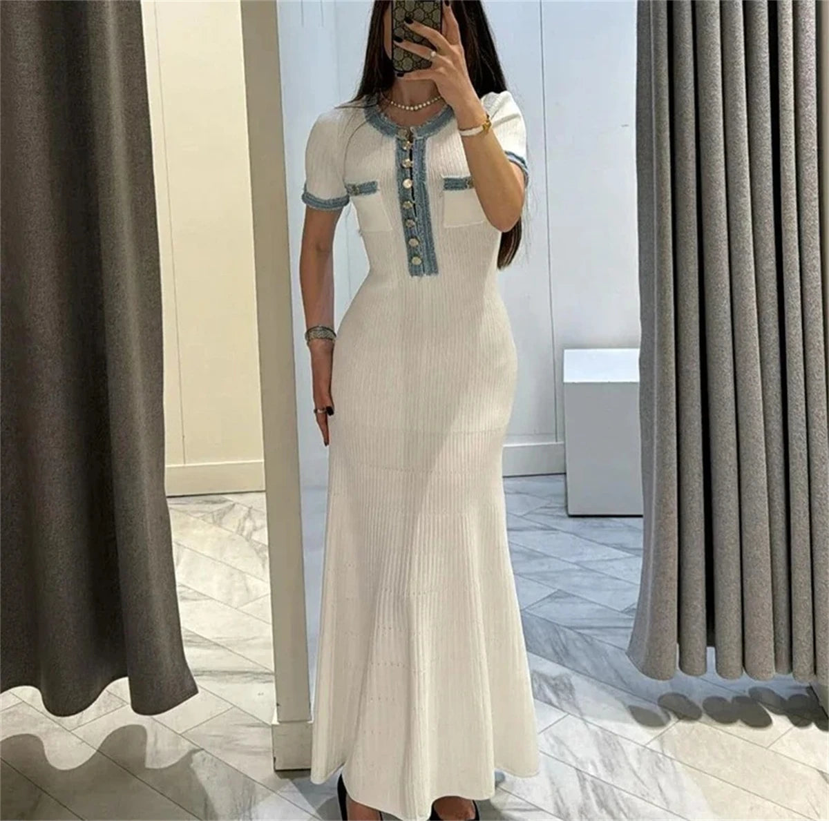 Elegant French Knit Dress Women 2025 Summer Chic Patchwork Dresse Buttons Short Sleeve Vestidos Lady Casual Party Evening Robes
