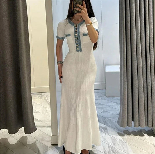 Elegant French Knit Dress Women 2025 Summer Chic Patchwork Dresse Buttons Short Sleeve Vestidos Lady Casual Party Evening Robes