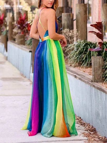Rainbow Chiffon Spaghetti Strap Dresses Women Sexy Deep V-Neck Backless Long Dress Fashion Elegant Ladies Evening Party Vestidos