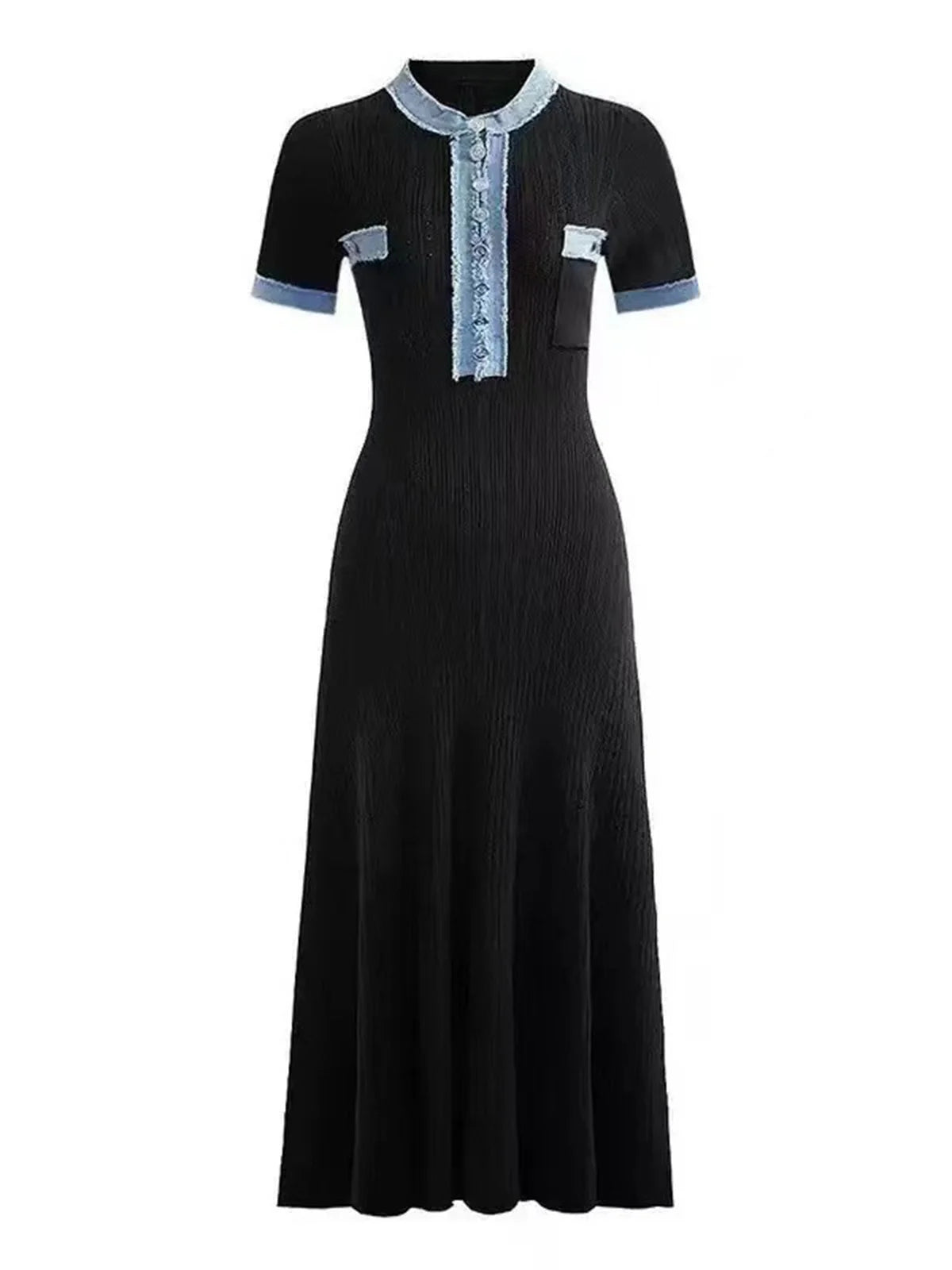 Elegant French Knit Dress Women 2025 Summer Chic Patchwork Dresse Buttons Short Sleeve Vestidos Lady Casual Party Evening Robes
