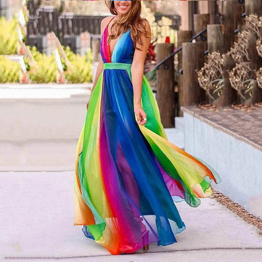 Rainbow Chiffon Spaghetti Strap Dresses Women Sexy Deep V-Neck Backless Long Dress Fashion Elegant Ladies Evening Party Vestidos