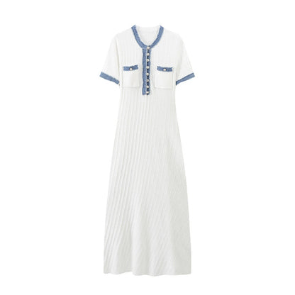 Elegant French Knit Dress Women 2025 Summer Chic Patchwork Dresse Buttons Short Sleeve Vestidos Lady Casual Party Evening Robes