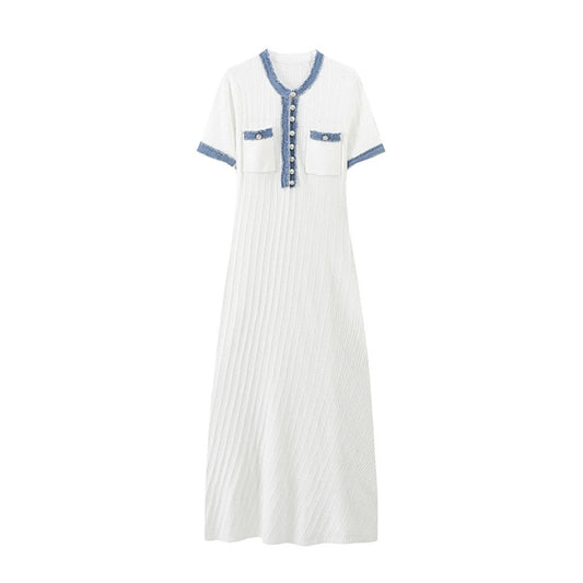 Elegant French Knit Dress Women 2025 Summer Chic Patchwork Dresse Buttons Short Sleeve Vestidos Lady Casual Party Evening Robes