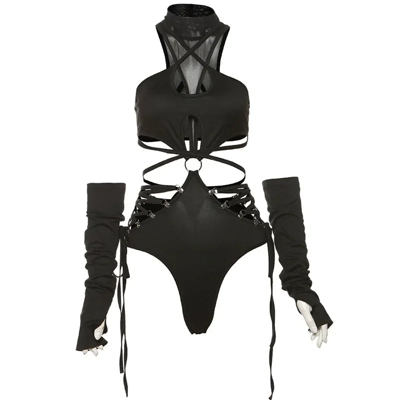 Bandage Hollow Out Sexy Cyber Y2K Bodysuits Gothic Techwear Mesh Patchwork Tops Female Glove Sleeve Mock Neck Bodysuit