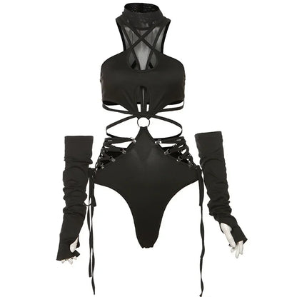 Bandage Hollow Out Sexy Cyber Y2K Bodysuits Gothic Techwear Mesh Patchwork Tops Female Glove Sleeve Mock Neck Bodysuit