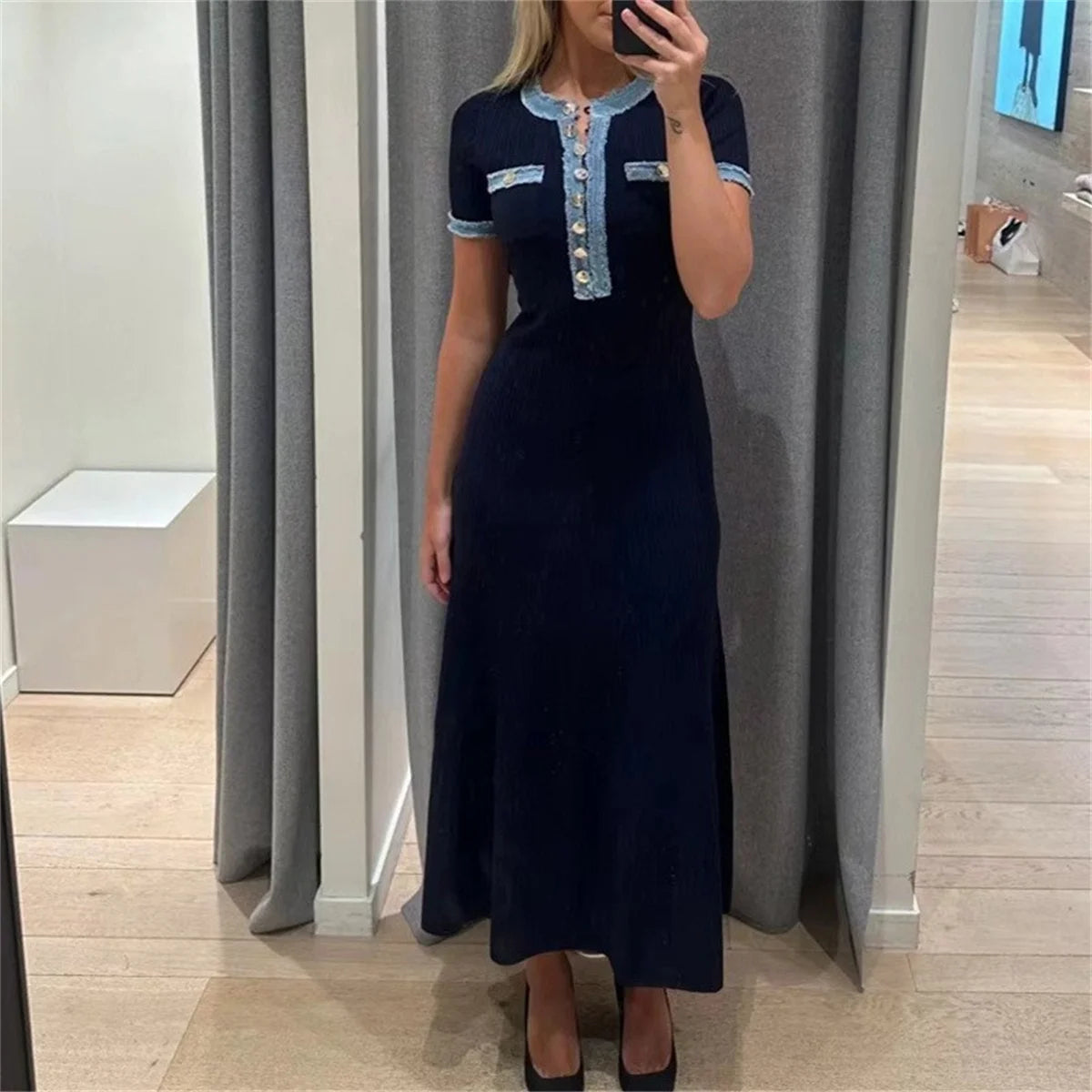 Elegant French Knit Dress Women 2025 Summer Chic Patchwork Dresse Buttons Short Sleeve Vestidos Lady Casual Party Evening Robes