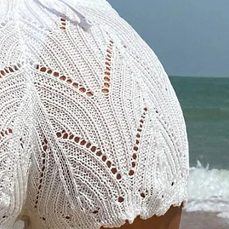 Polyester100.00% Hollow Drawstring Open Waist Knitted Bikini Blocked Women'S Shorts