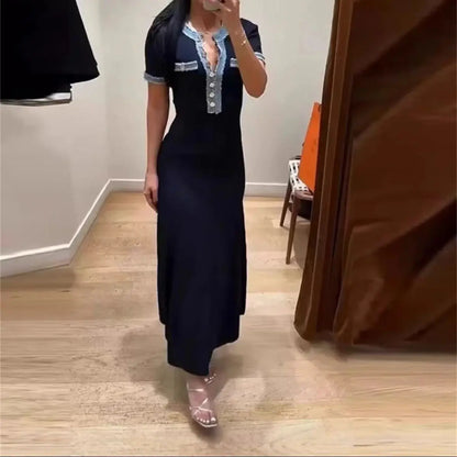 Elegant French Knit Dress Women 2025 Summer Chic Patchwork Dresse Buttons Short Sleeve Vestidos Lady Casual Party Evening Robes