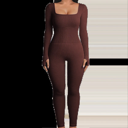 Solid Color Ribbed Yoga Jumpsuit, Seamless Slim Fit Long Sleeve Sports Bodysuit, Women'S Activewear