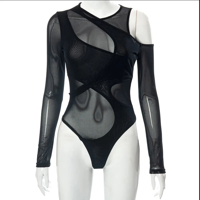 New in 2025 Women Spring Summer Long Sleeve Mesh See through Sexy Bodysuit Ladies Club Black One Pieces Top Body Suits
