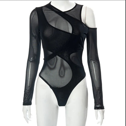 New in 2025 Women Spring Summer Long Sleeve Mesh See through Sexy Bodysuit Ladies Club Black One Pieces Top Body Suits
