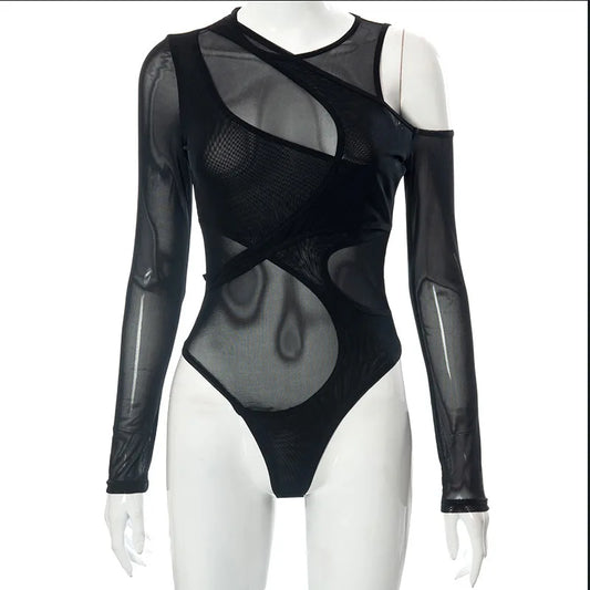 New in 2025 Women Spring Summer Long Sleeve Mesh See through Sexy Bodysuit Ladies Club Black One Pieces Top Body Suits