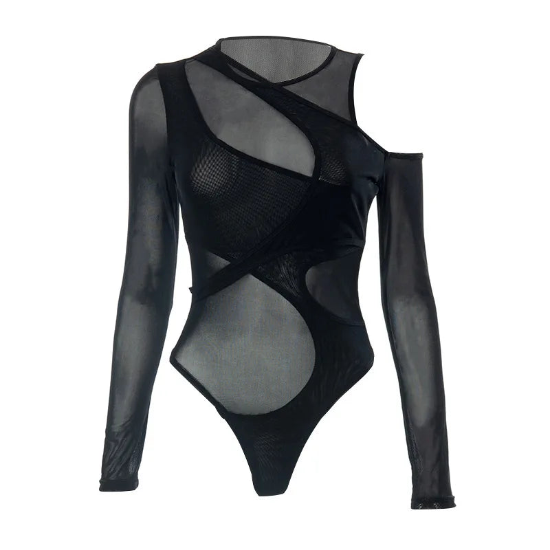 New in 2025 Women Spring Summer Long Sleeve Mesh See through Sexy Bodysuit Ladies Club Black One Pieces Top Body Suits