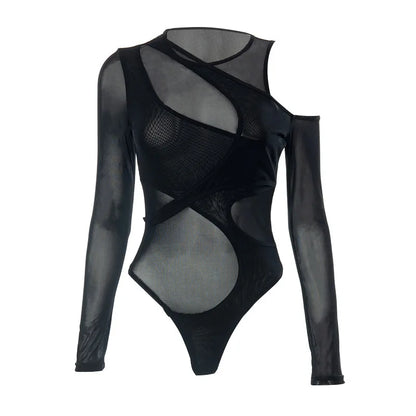 New in 2025 Women Spring Summer Long Sleeve Mesh See through Sexy Bodysuit Ladies Club Black One Pieces Top Body Suits