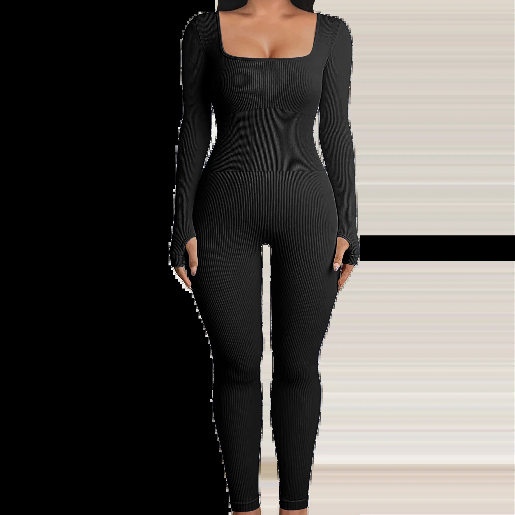 Solid Color Ribbed Yoga Jumpsuit, Seamless Slim Fit Long Sleeve Sports Bodysuit, Women'S Activewear