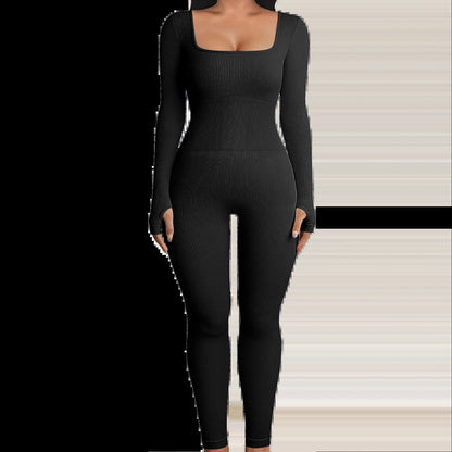 Solid Color Ribbed Yoga Jumpsuit, Seamless Slim Fit Long Sleeve Sports Bodysuit, Women'S Activewear