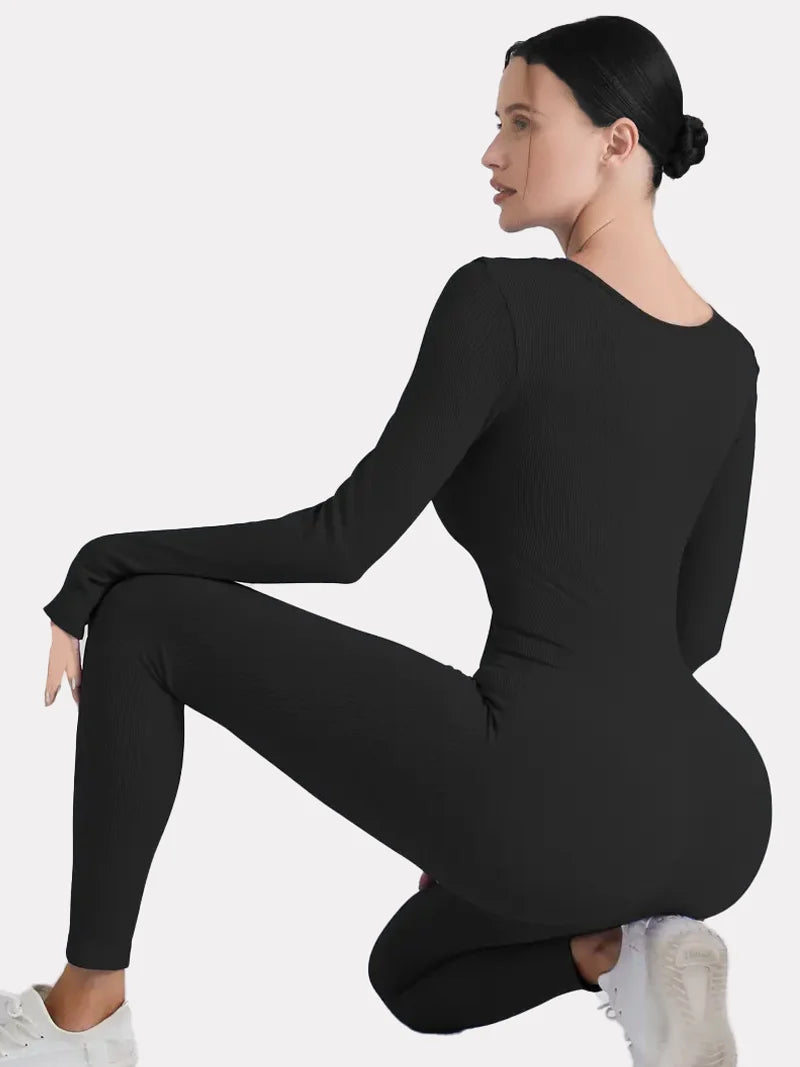 Solid Color Ribbed Yoga Jumpsuit, Seamless Slim Fit Long Sleeve Sports Bodysuit, Women'S Activewear