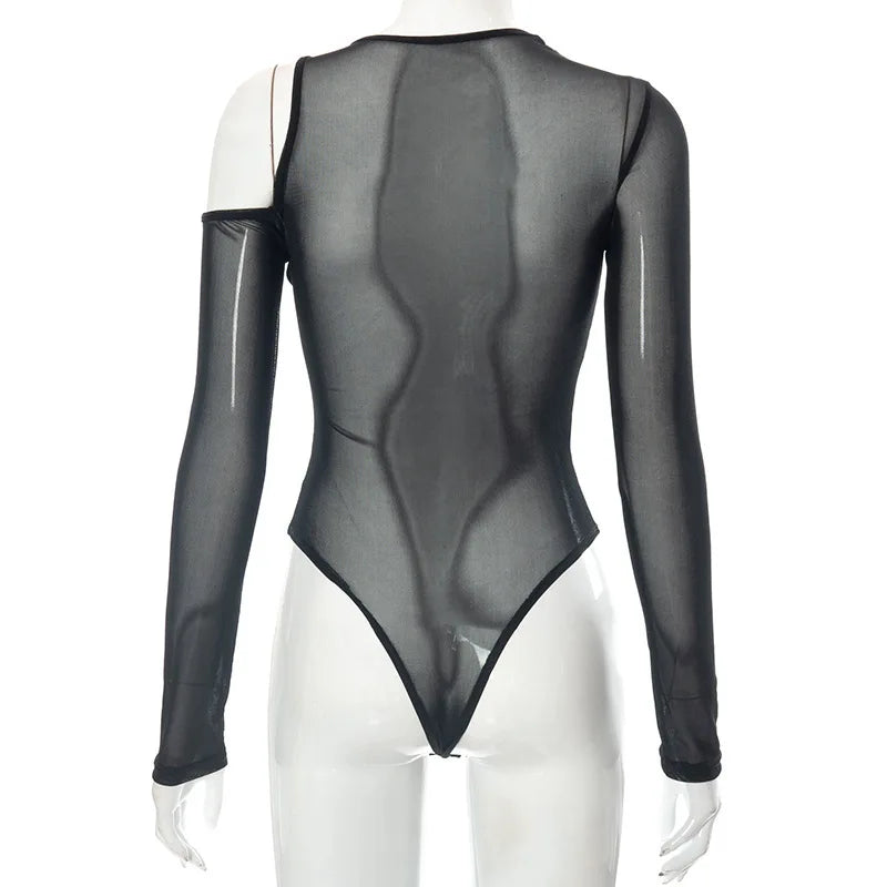 New in 2025 Women Spring Summer Long Sleeve Mesh See through Sexy Bodysuit Ladies Club Black One Pieces Top Body Suits