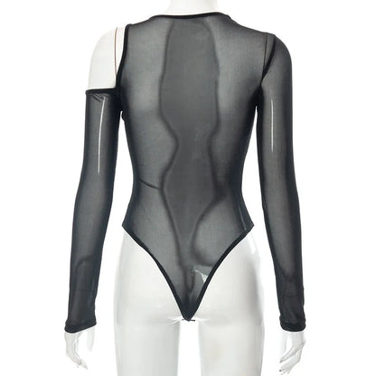 New in 2025 Women Spring Summer Long Sleeve Mesh See through Sexy Bodysuit Ladies Club Black One Pieces Top Body Suits