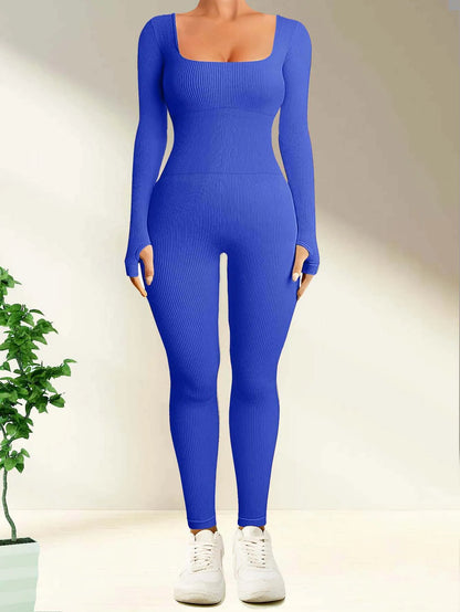 Solid Color Ribbed Yoga Jumpsuit, Seamless Slim Fit Long Sleeve Sports Bodysuit, Women'S Activewear
